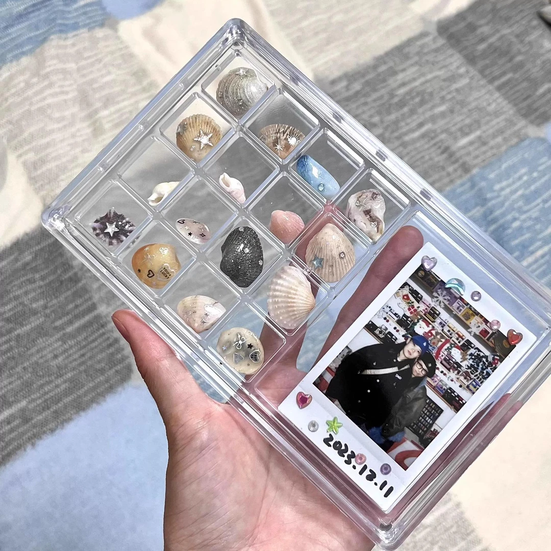 亚克力贝壳收纳盒拍立得相框盒子迷你贝壳海螺收纳盒分格带盖子