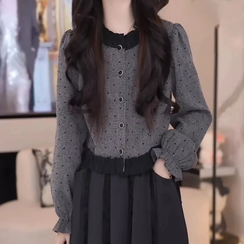 格纹木耳边秋季立领成人常规衬衫秋冬休闲外套修身