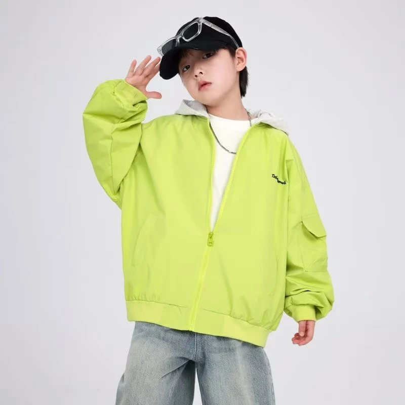 男童春装潮牌拼接工装外套2025新款中小童春季休闲连帽外套潮流