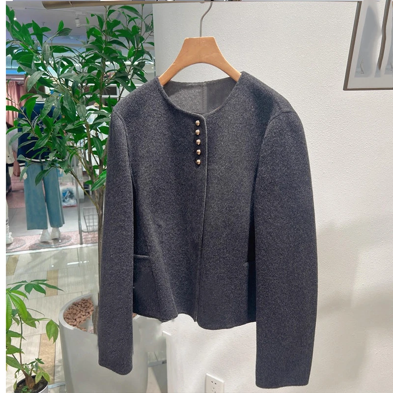 双面昵羊毛大衣25冬宽松百搭灰色小香风时尚短外套秋冬短款气质