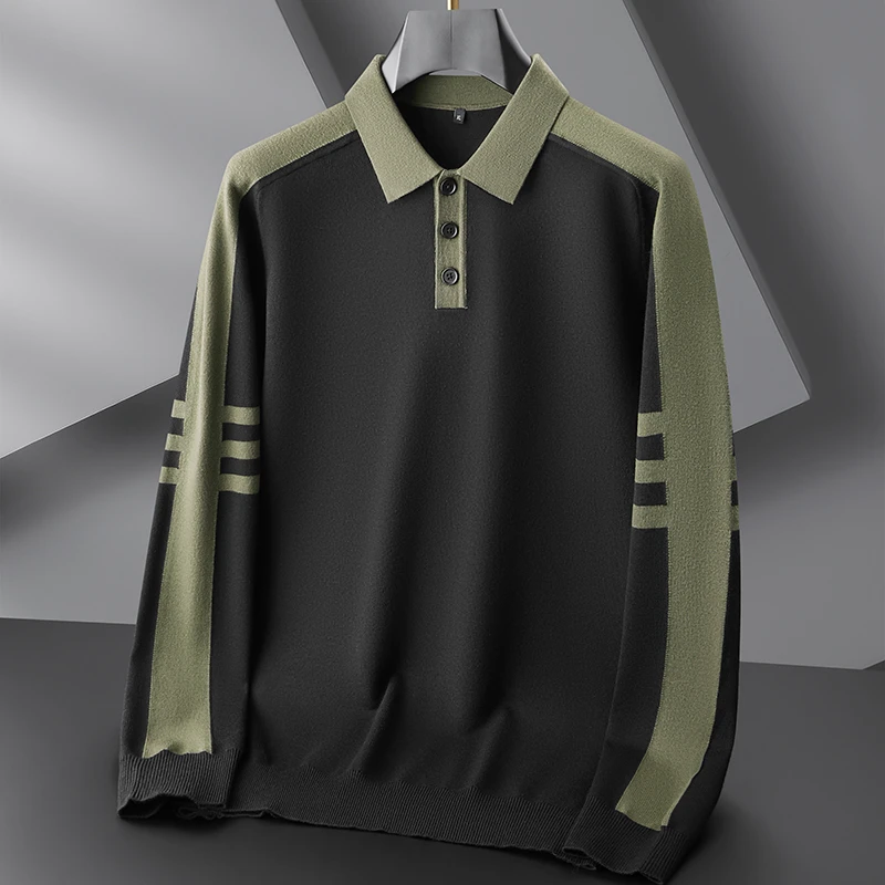 秋季翻领长袖毛衣男士宽松拼色弹力打底针织衫大码胖子休闲线衣薄
