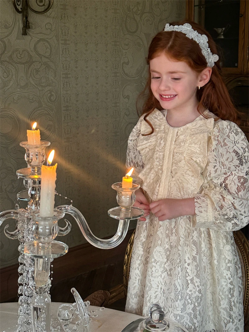 【叁穗家】25春夏 女童蕾丝镂空复古长袖连衣裙 女童田园风裙子