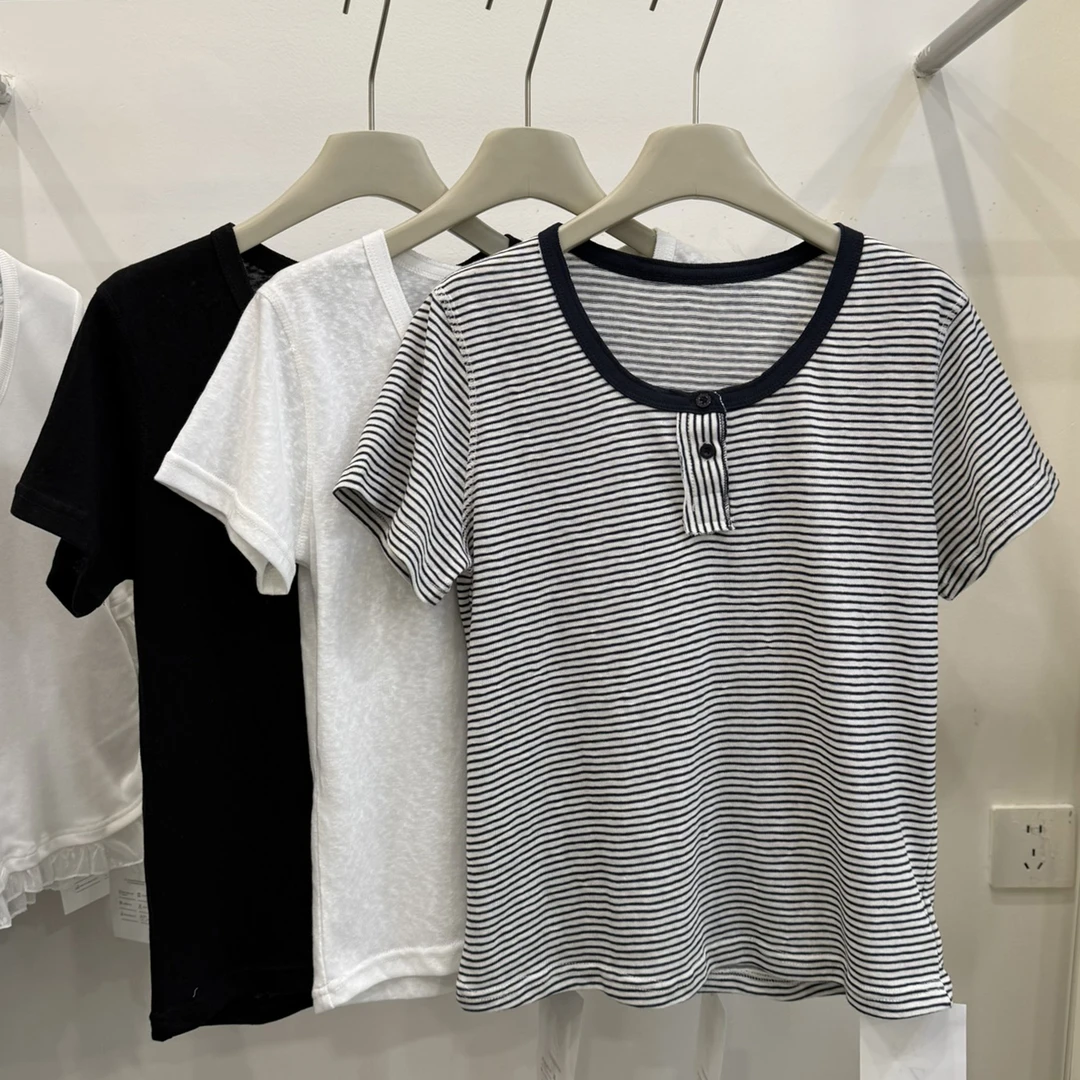 HFY049圆领正肩简约条纹短袖时尚短款显瘦百搭设计感韩版小众T恤