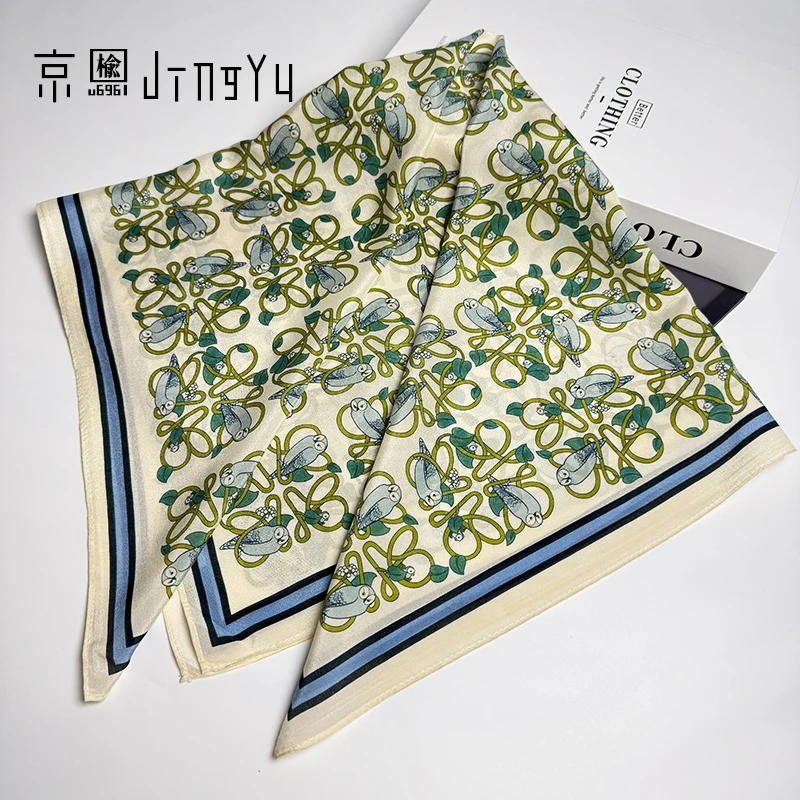 京榆 丨园林花结丨100%桑蚕丝14姆米双绉中方巾围巾女丝巾65*65cm