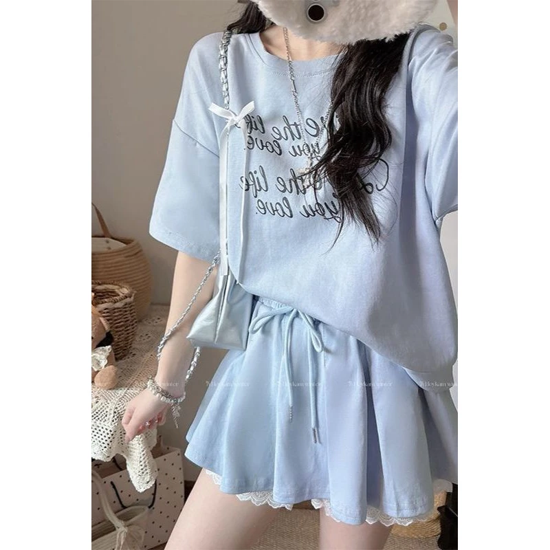 小众甜美休闲宽松套装女夏季字母印花短袖T恤+短裙两件套洋气穿搭