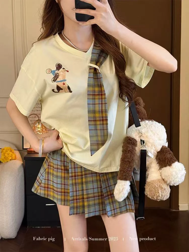 学院风黄格子jk百褶短裙女夏宽松T恤上衣
