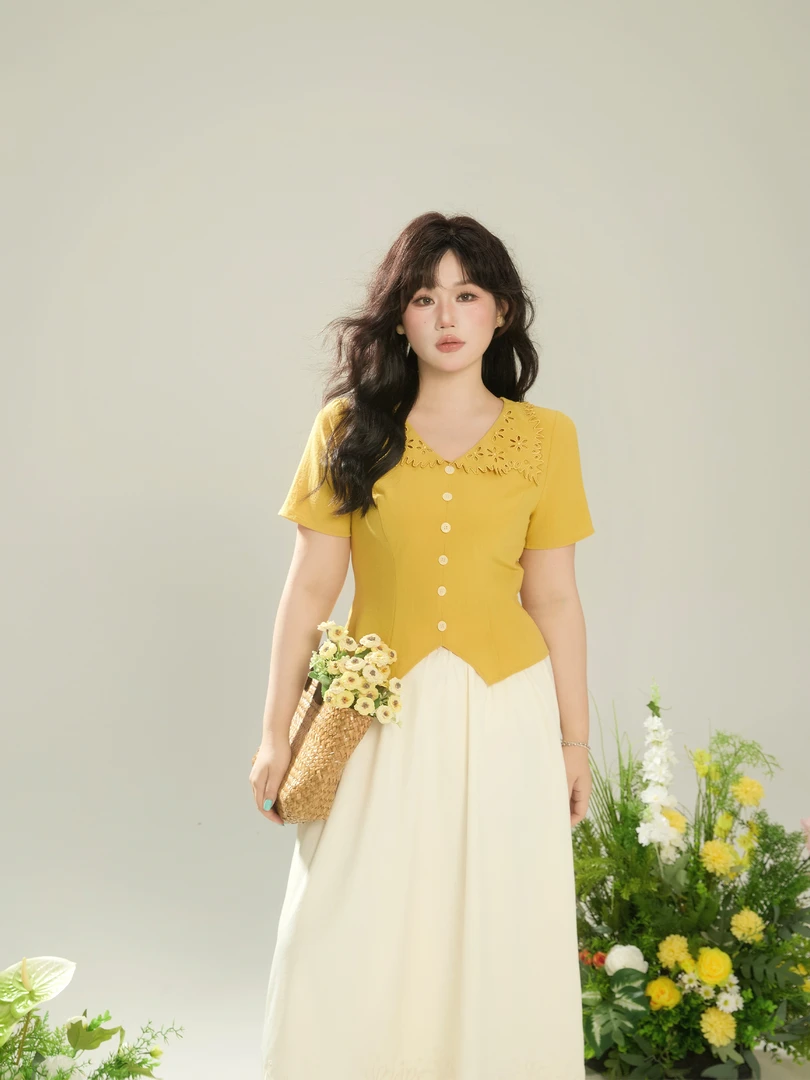 月半鱼【美术馆】夏季绣花法式短袖V领收腰显瘦上衣女气质休闲修身