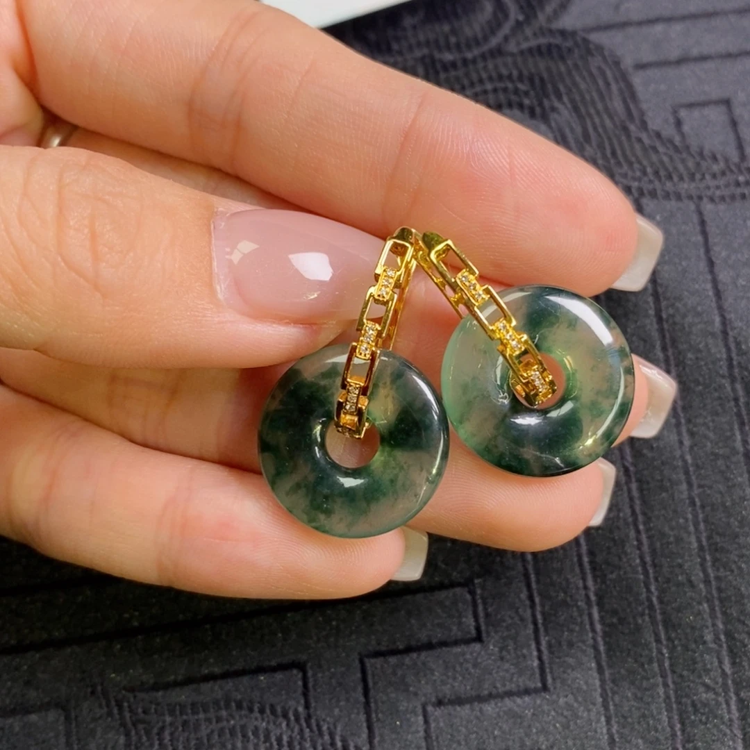 翡翠18K金镶嵌耳饰链条耳包➕飘花甜甜圈