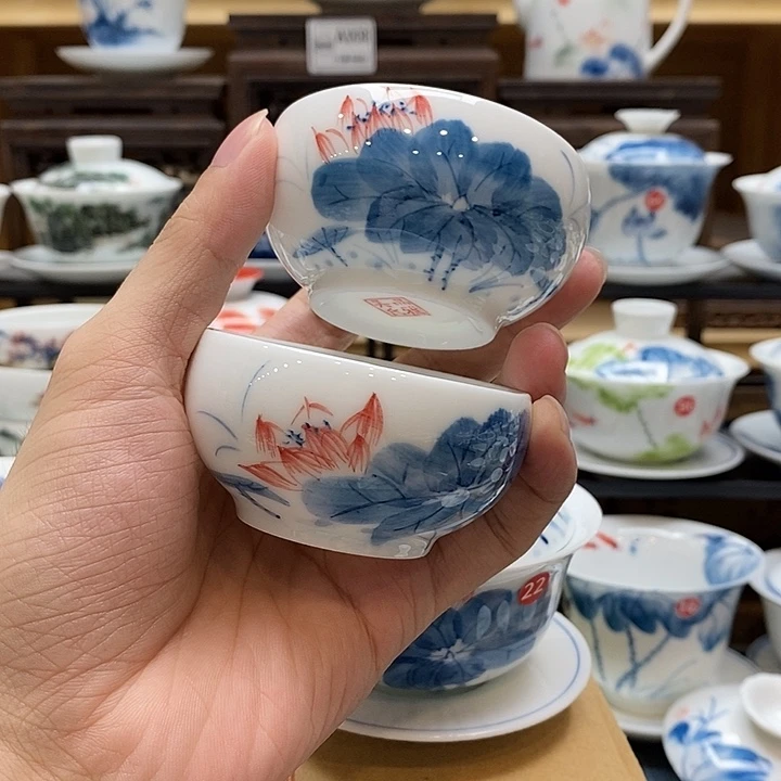 手绘2个装荷花主人杯65cc釉下彩微瑕福利款