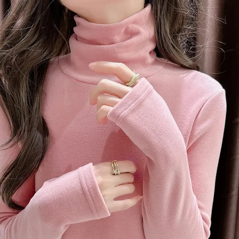 双面德绒打底衫2024新款女秋冬加厚加绒保暖内搭堆堆领修身上衣爆