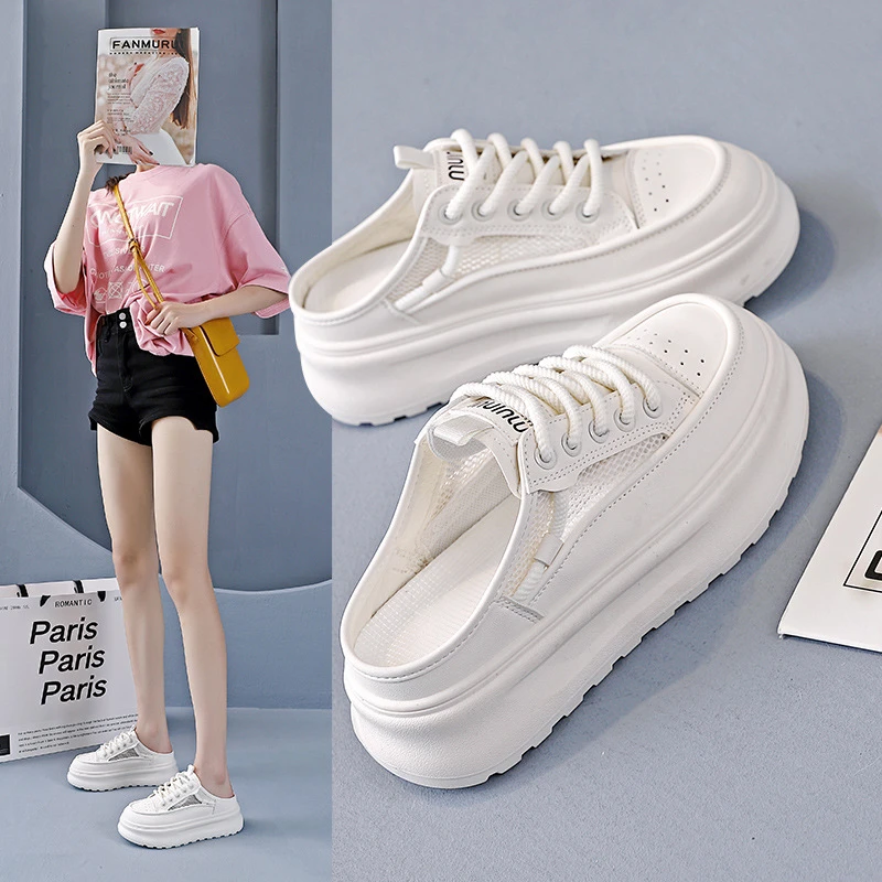 厚底半托拖鞋女外穿百搭休闲2025夏季新款透气包头小白鞋KT-2661