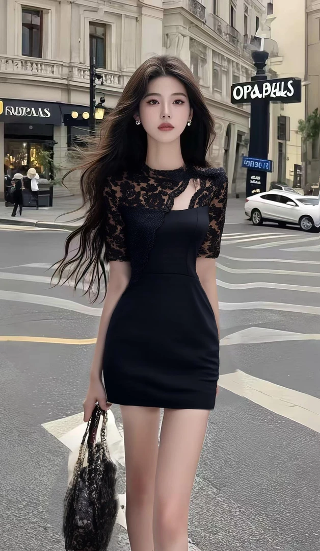 时尚新款黑色轻熟圆领蕾丝收腰包臀连衣裙女温柔风高级氛围感裙子