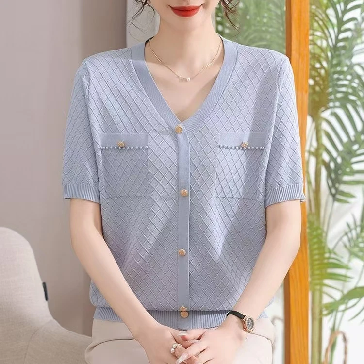 2025新款夏季时尚香风洋气针织衫针织短袖冰丝薄款新款菱形8953