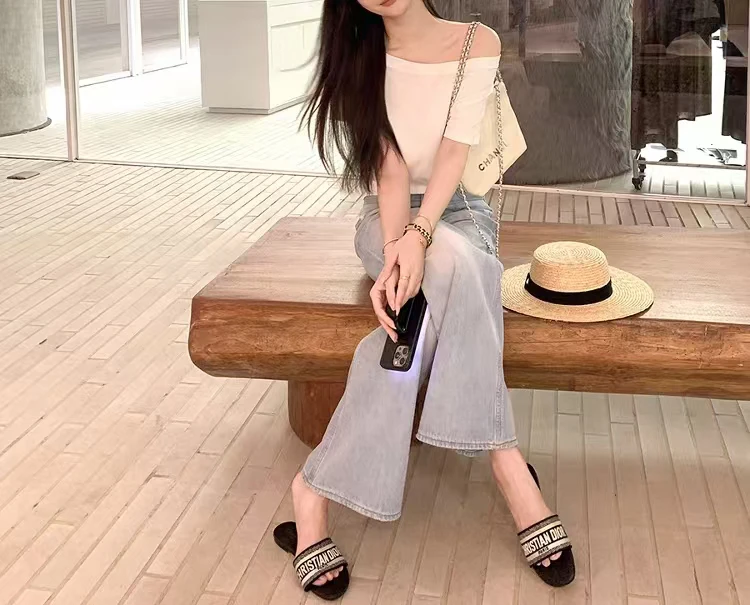 [婷姐家]欧货正版斜肩法式外穿小众设计感单肩一字肩T恤