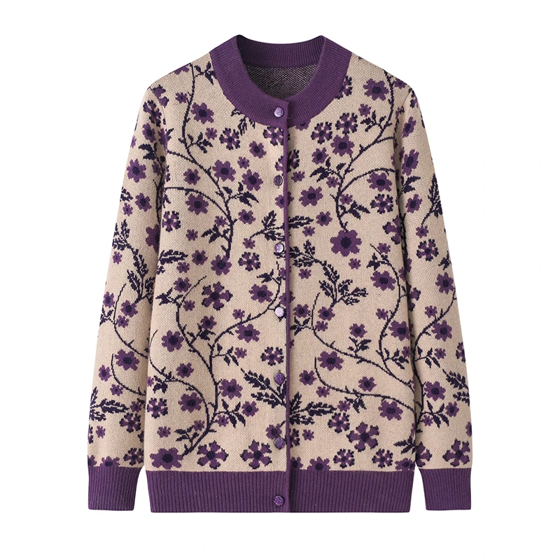 秋冬新款中老年妈妈装圆领提花羊毛衫女针织开衫加厚保暖大码外套