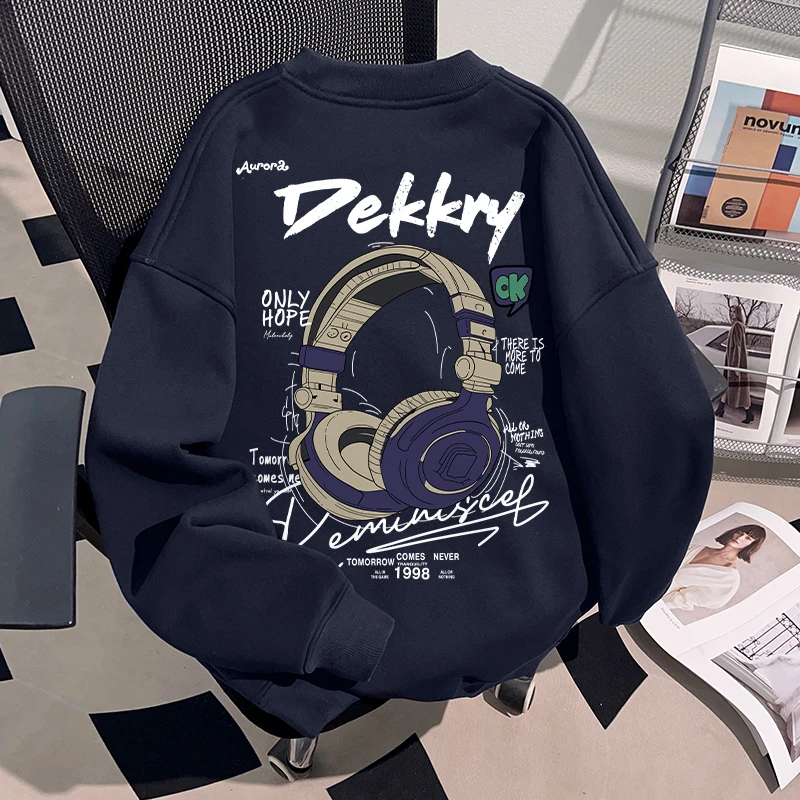 Dekkry美式炫酷耳机印花秋冬藏青色加绒圆领卫衣男女套头新款上衣