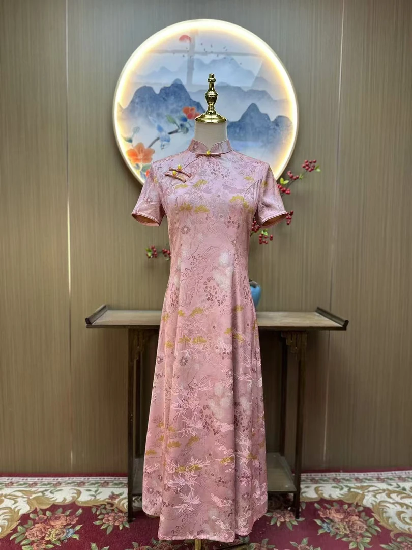 惊鸿粉色  日常气质文艺国风复古优雅奥黛长款旗袍