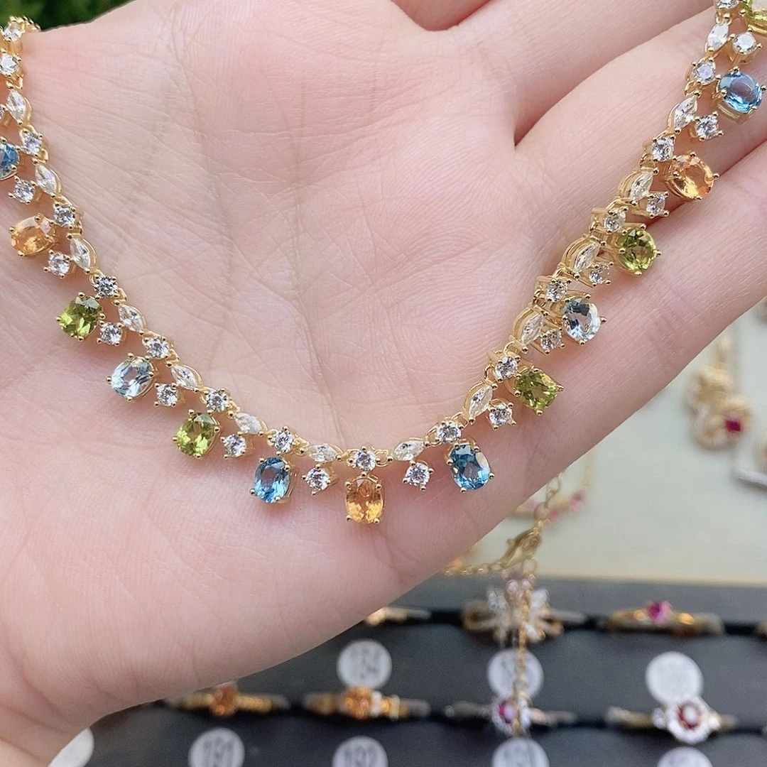 银S925镶嵌石榴石（芬达石）颈饰橄榄托帕海蓝宝