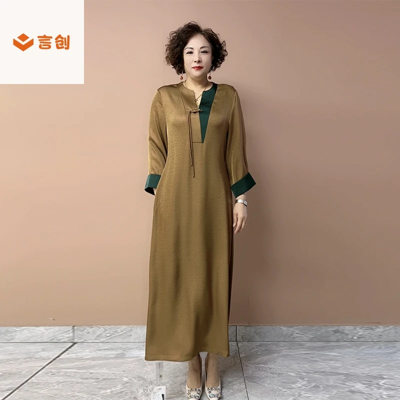 402高品质国风醋酸真丝缎连衣裙夏新款中袖坠感丝滑洋气撞色长裙