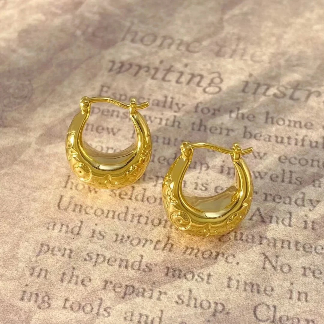 18K金进口老花水滴耳扣精致百搭时尚气质法式小巧设计感耳环