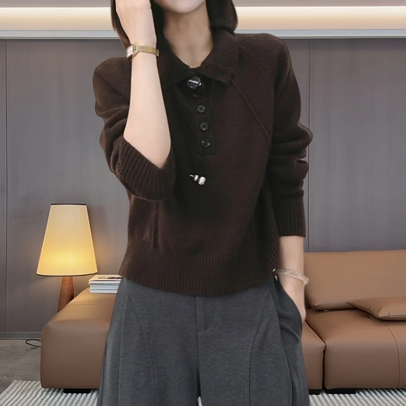 韩版老钱风高领领扣毛针织衫女秋冬软糯舒适慵懒显瘦百搭纯色上衣