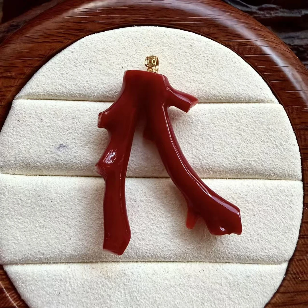 碧海丹心-天然阿卡红珊瑚树杈随型吊坠-09021