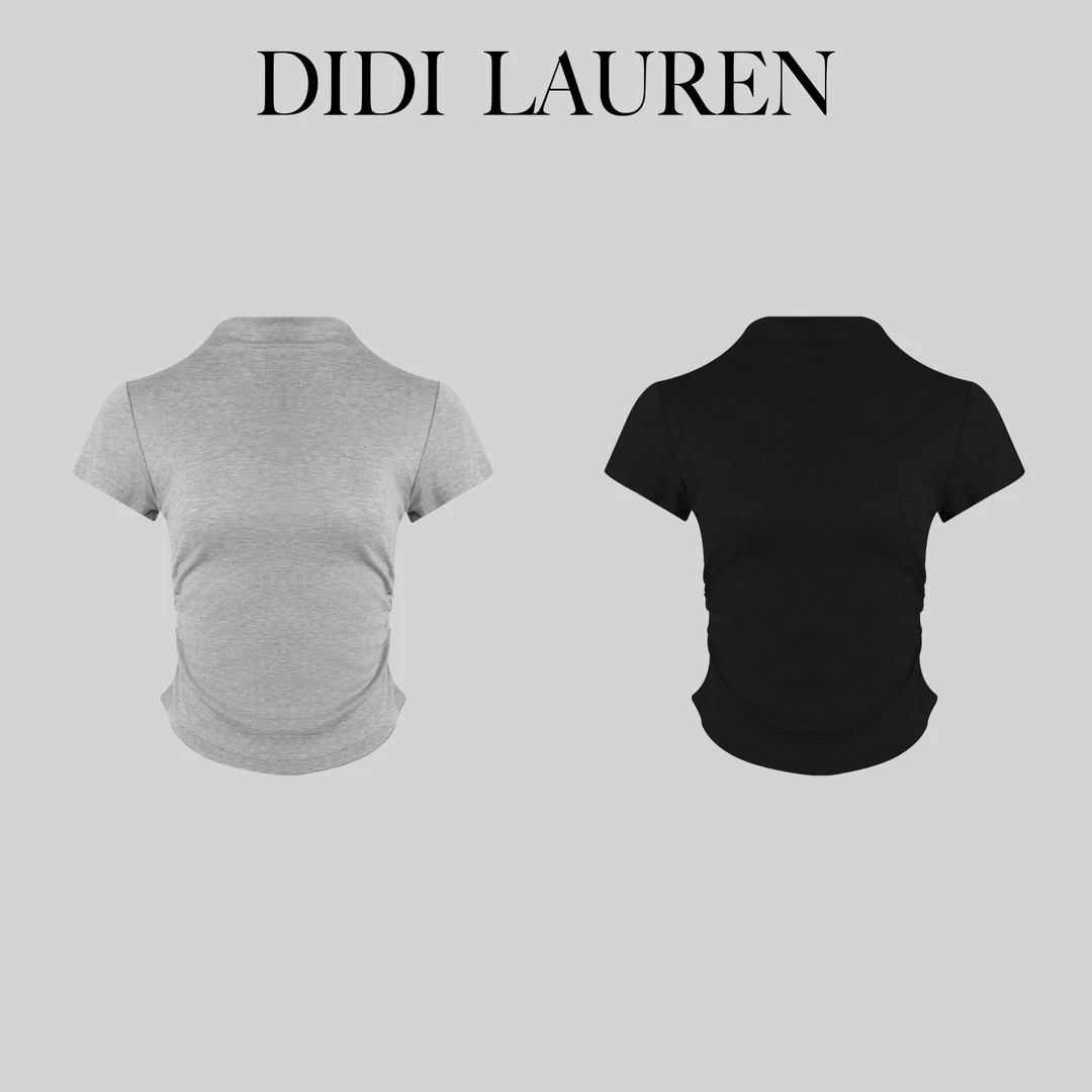 DIDI LAUREN“栀夏”美式百搭褶皱设计款正肩半高领短袖上衣