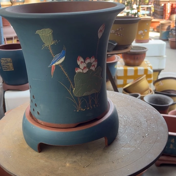 紫砂宜兴紫砂花盆蓝精品荷花大加拖