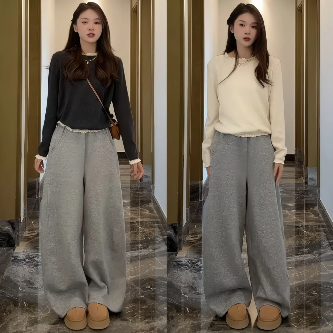 2025秋季新款时尚温柔风拼接长袖上衣高腰通勤百搭休闲阔腿裤套装