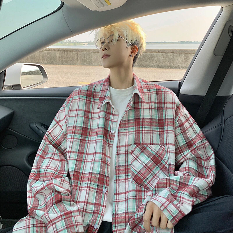 春季新款格子衬衫男潮牌宽松痞帅百搭男生内搭外穿衬衣青少年外套