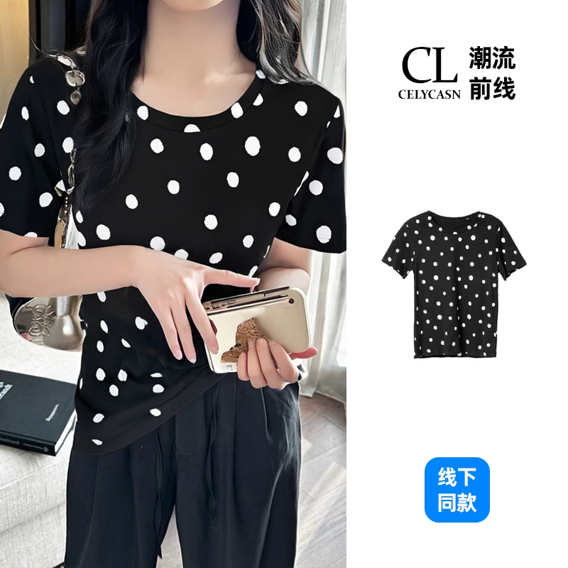 春AIF2T96#夏季新款波点满分棉透气圆领短袖女休闲百搭上秋