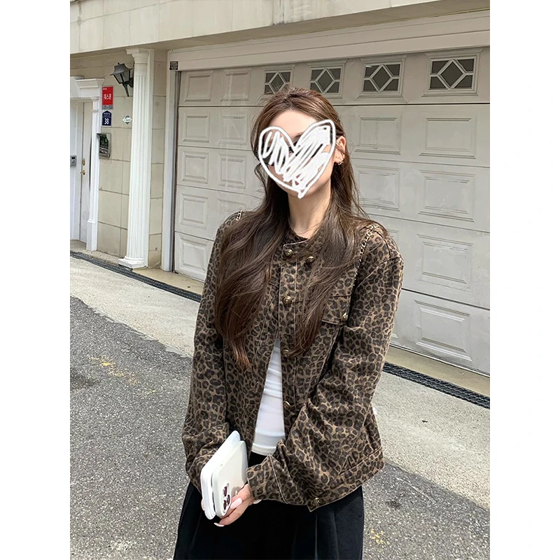 美式复古立领做旧豹纹牛仔外套女2025秋季新款设计感短款夹克上衣