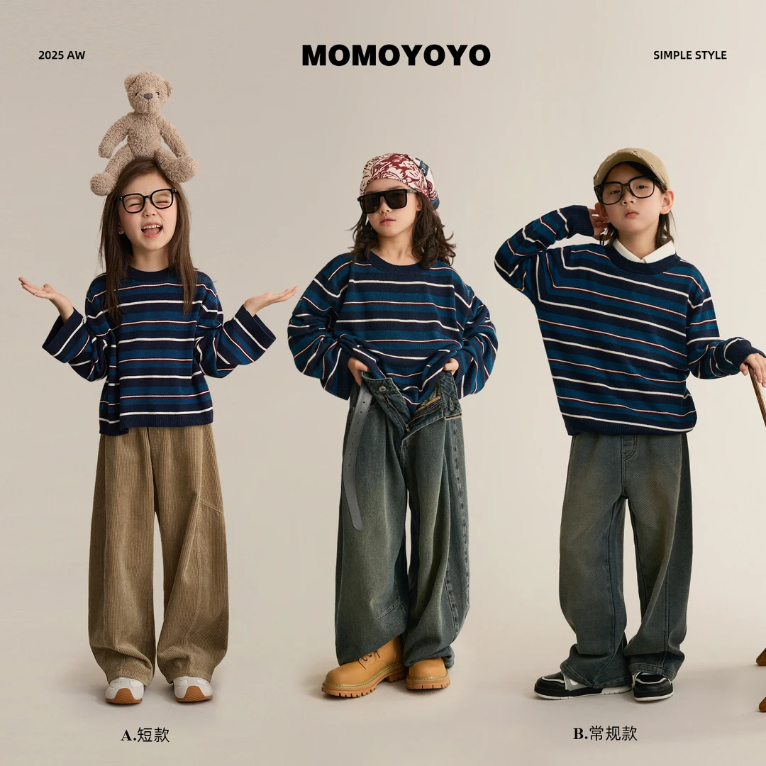 辰辰妈【慵懒碰撞】男女童羊毛复古针织衫撞色彩条亲子装上衣8462D