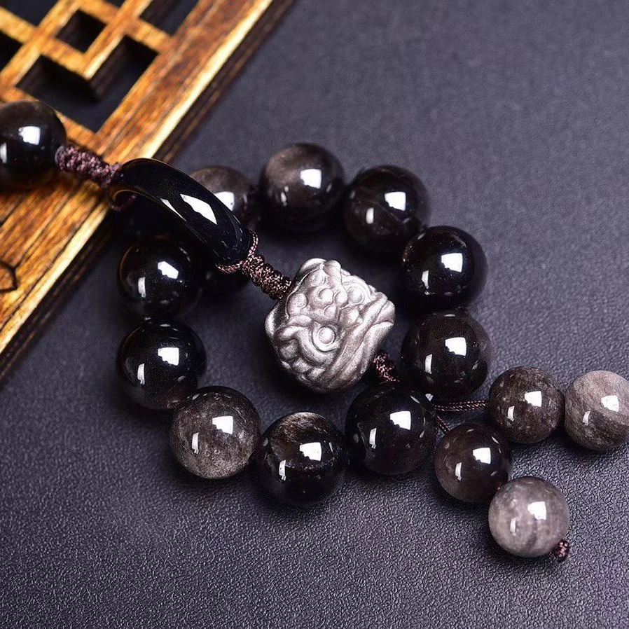 天然银曜石醒狮钥匙扣包挂时尚百搭男女护身纳福寓意礼物原创设计