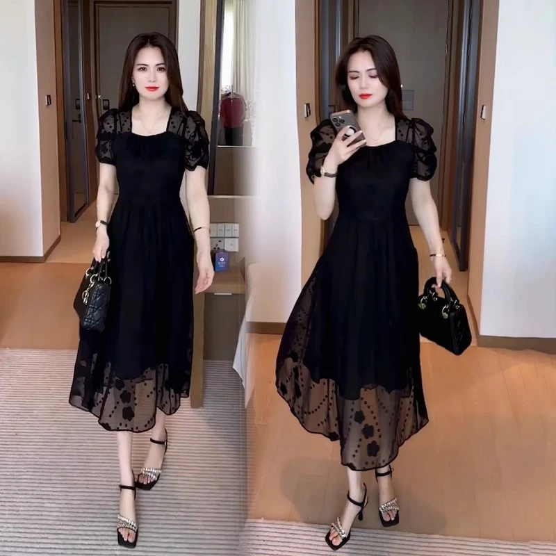 时尚中长款连衣裙女2025夏季新款洋气收腰显瘦减龄高级感蕾丝裙子