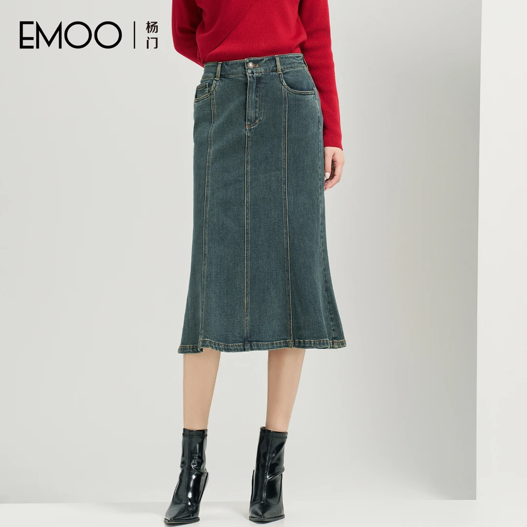 EMOO/杨门复古长裙半身裙轻职风常规A字裙高腰牛仔裙E34C024527