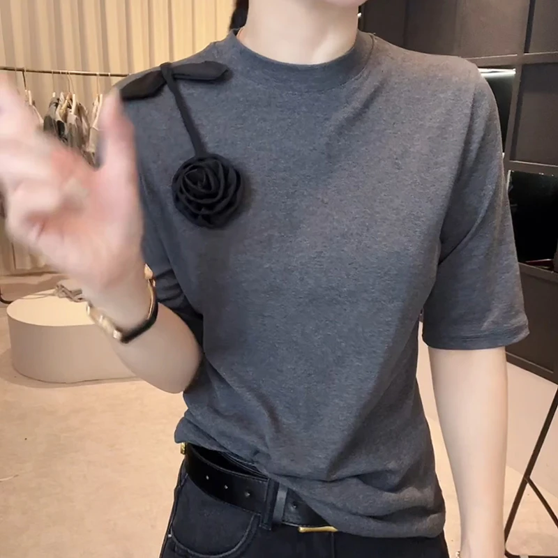 2025早秋设计感短袖T恤衫立体花朵纯色洋气上衣LK2505976