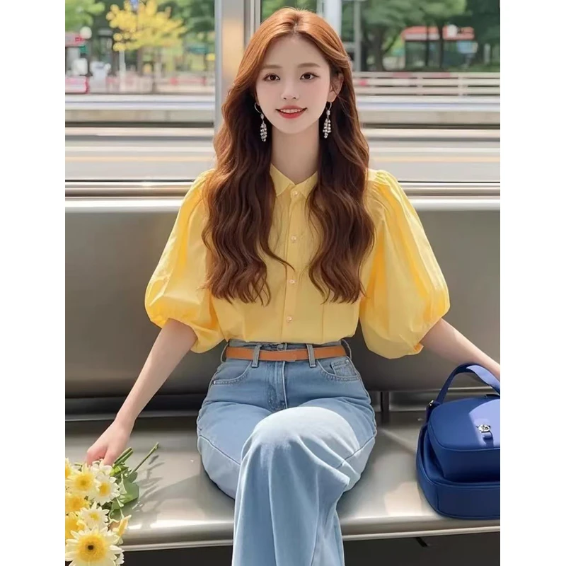 超好看黄色短袖衬衫女夏款温柔淑女气质法式绝美泡泡袖小香风上衣