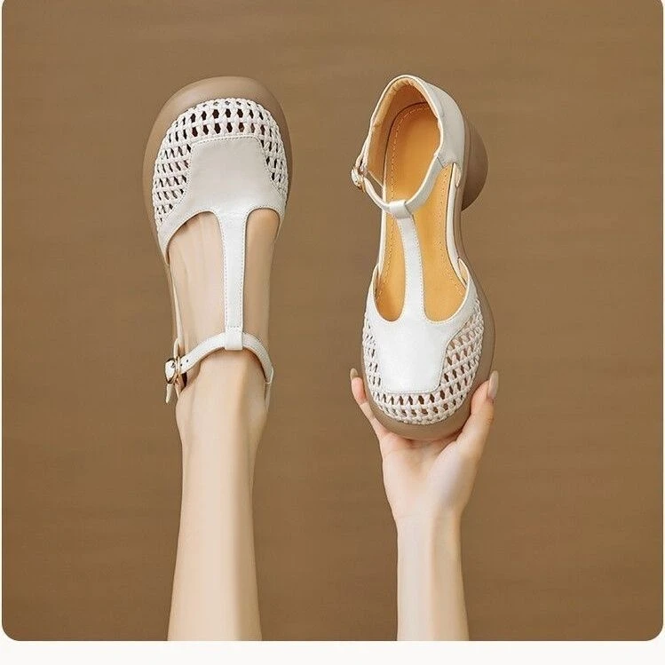 新款轻奢增高跟粗跟超轻厚底真皮凉鞋夏季单鞋女鞋透气软底