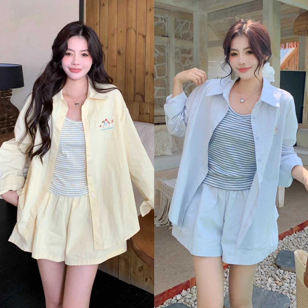 大码女装休闲三件套女2025新夏季条纹背心吊带衬衫阔腿裤显瘦套装