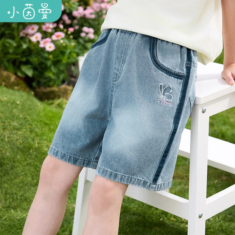 小茵曼女童渐变牛仔短裤蝴蝶结刺绣2025秋宽松休闲裤子GO3852113