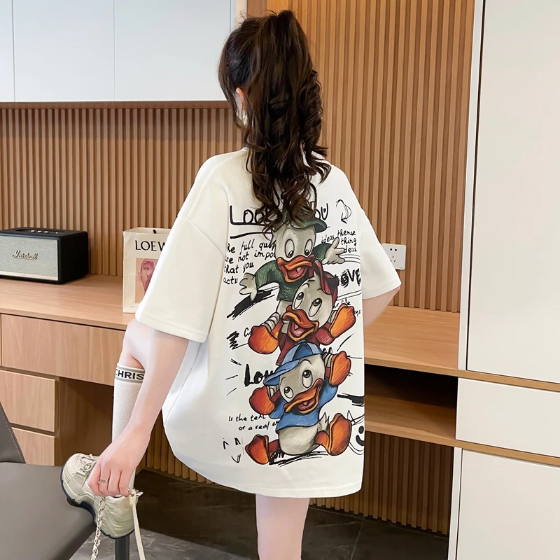 中长款卡通纯棉短袖T恤女2025夏季新款韩版慵懒风百搭宽松上衣潮