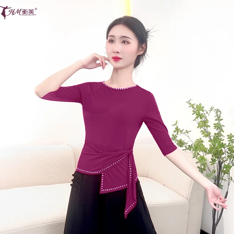 气质显瘦现代舞服时尚烫钻舒适圆领中袖成人女上衣绑带式广场舞服