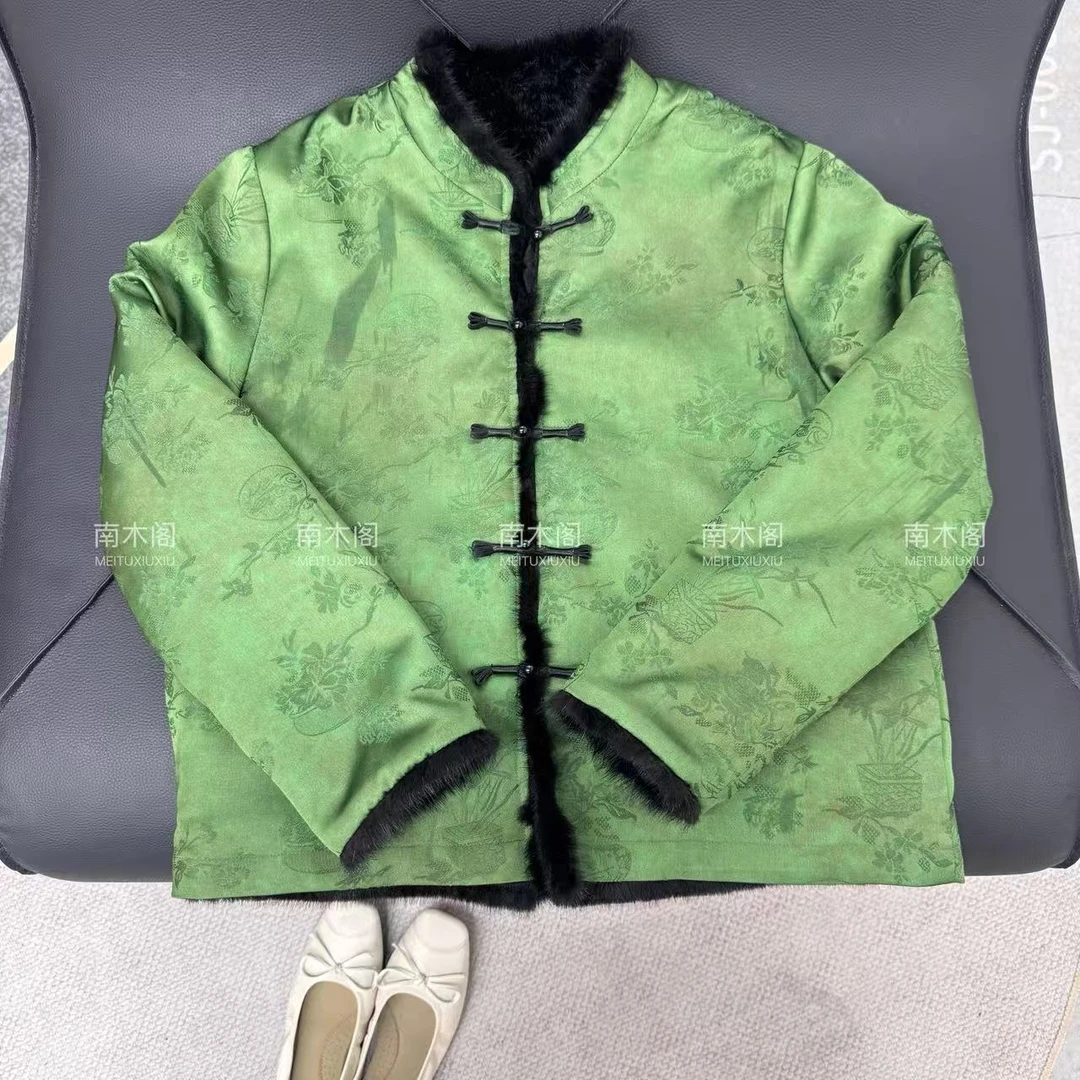 （绿戴远山）冬款新款水貂毛外套香云老料新中式短款上衣百搭双面穿
