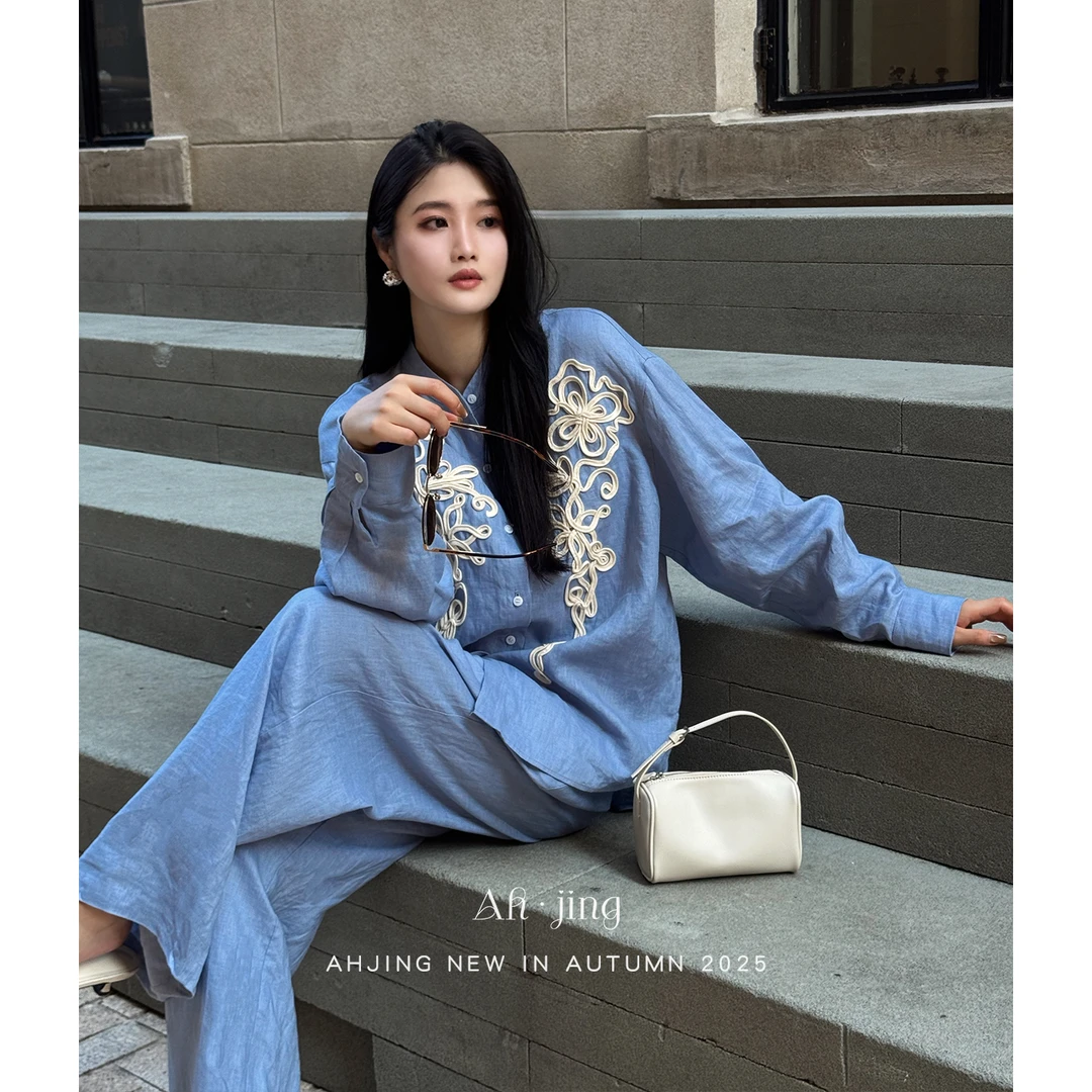 Ah·Jing梓静【蓝调序曲】亚麻复古盘绣时尚衬衫阔腿长裤套装0539