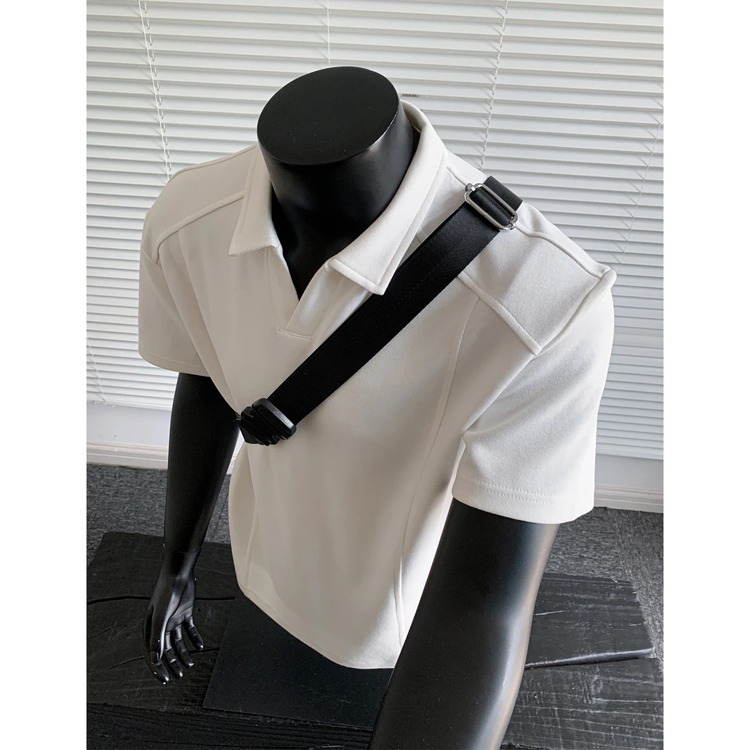 美式正肩男士Polo衫短袖夏季潮牌痞帅拼接解构翻领t恤衫男款半袖