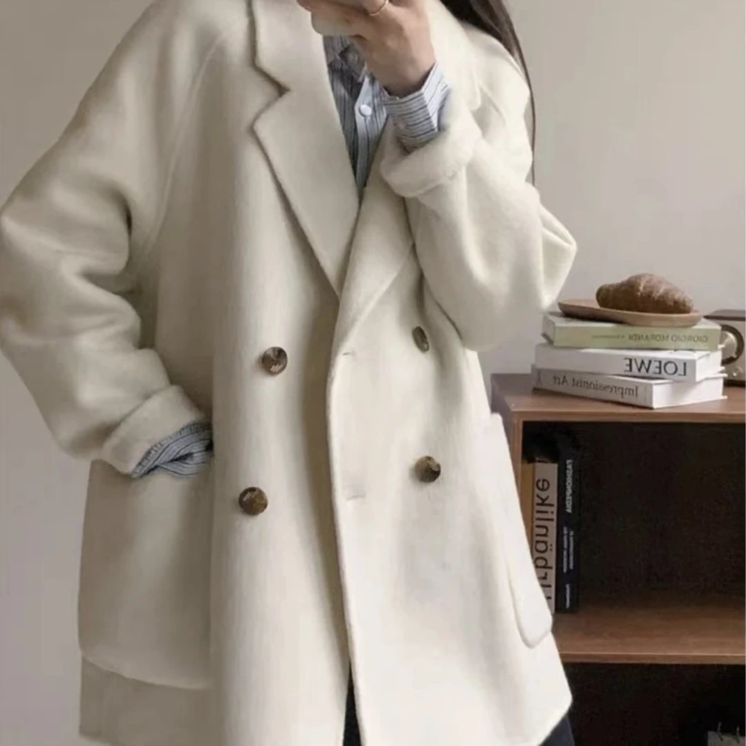 “首尔学堂”韩版学院英伦风西服领小个子双面呢大衣羊绒外套