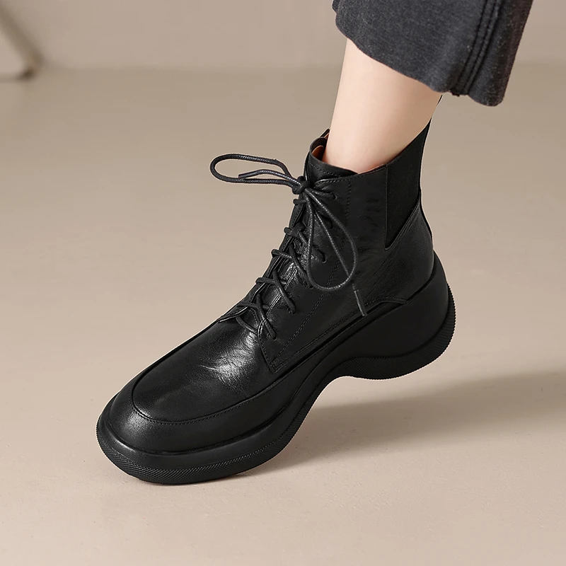 真皮2025新款复古系带短靴女松糕厚底马丁靴英伦风舒适女鞋圆头