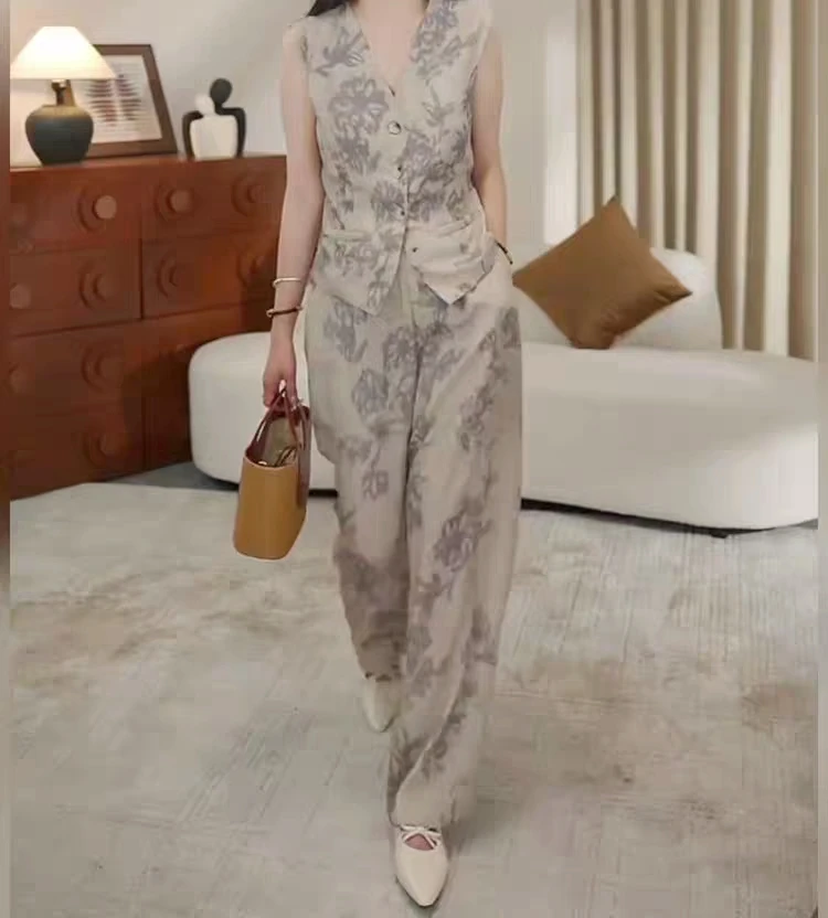 MissHuo 印花马甲长裤套装 B灰色 7718