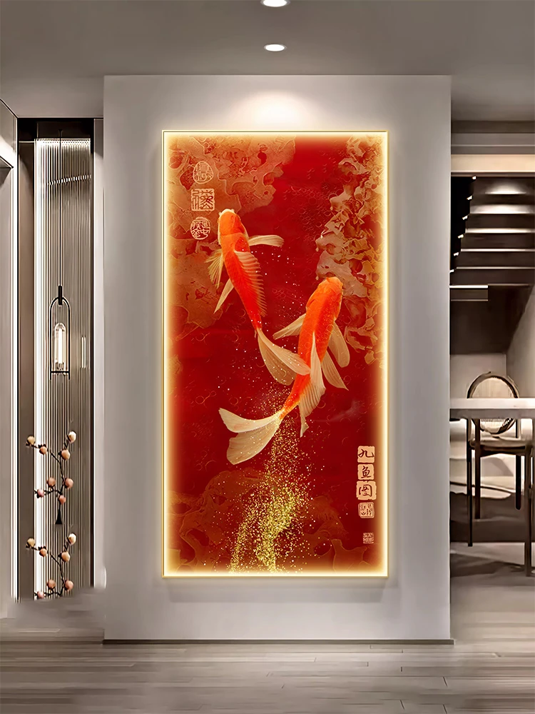 九鱼图入户正对门玄关装饰画灯带画新中式客厅走廊过道挂画寓意好